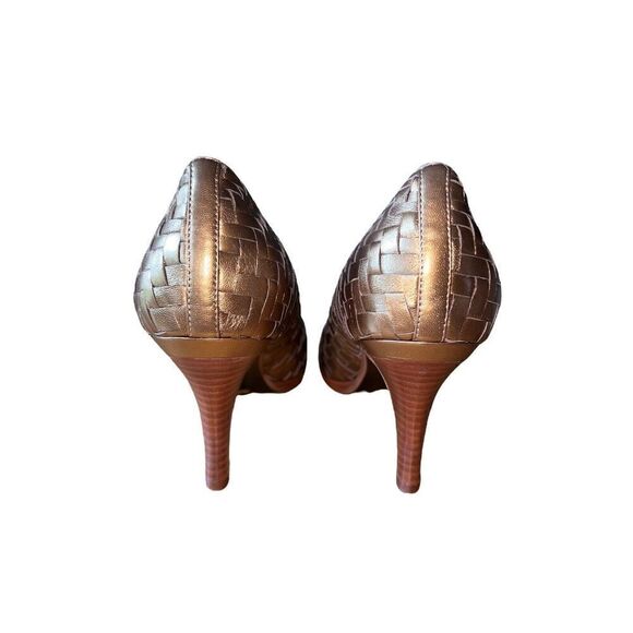 Cole Haan Gold Basket Woven Leather Peep Toe Pumps Womens Sz 10 GREAT CONDITION - Picture 6 of 10